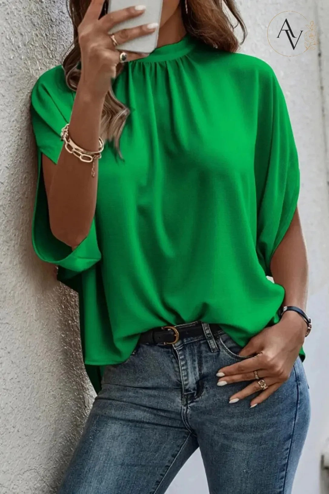 Women’s Mock Neck Tie Back Blouse, Split Batwing Half Sleeve Loose Fit Top, Dressy Casual Work Shirt for Office & Weekend