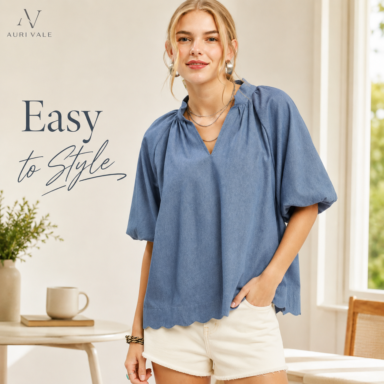 Women’s Chambray Puff Sleeve Top, Scallop Hem Split V-Neck Blouse, Lightweight Cotton Blend Oversized Casual Summer Shirt