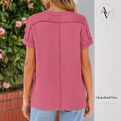 Women’s Textured Short Sleeve Knit Top, Round Neck Exposed Seam Tee, Soft Stretch Loose Fit Casual Summer Shirt for Everyday Outfits
