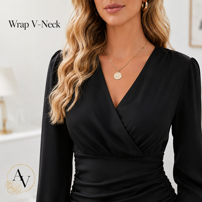 Women’s Long Sleeve Ruched Blouse, V Neck Wrap Front Dressy Casual Top, Puff Sleeve Office Shirt, Black Going Out Top
