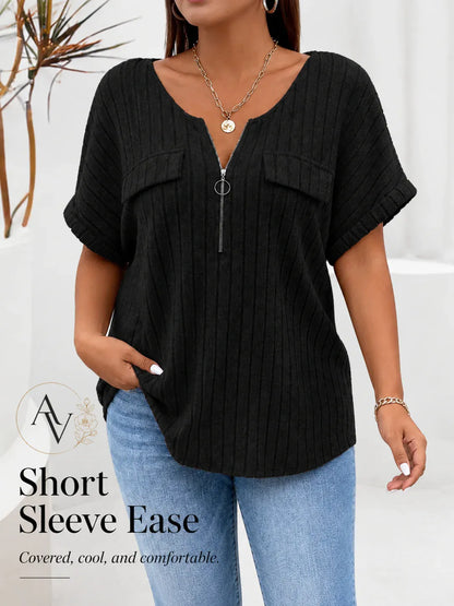 Plus Size Half Zip Ribbed Short Sleeve Top for Women, Casual Loose Fit V Neck Pullover T-Shirt with Pocket Flap, Summer Daily Blouse