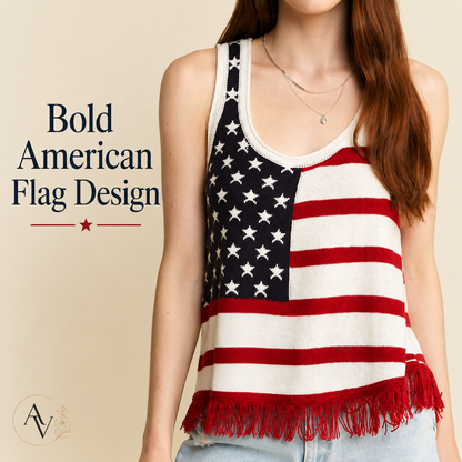 Plus Size American Flag Fringe Tank Top for Women, Patriotic Sleeveless Summer Top, 4th of July USA Stars Stripes Shirt