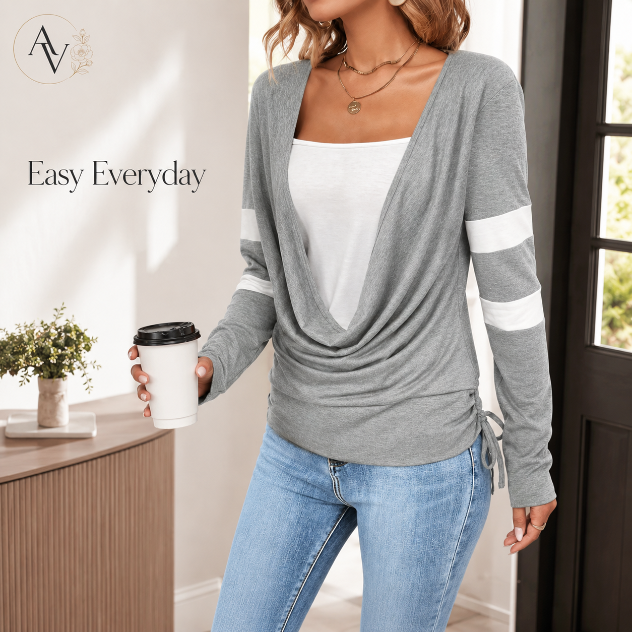 Women’s Cowl Neck Long Sleeve Top, Faux Layered 2 Piece Shirt, Gray Soft Draped Casual Blouse, Fall Winter Tee