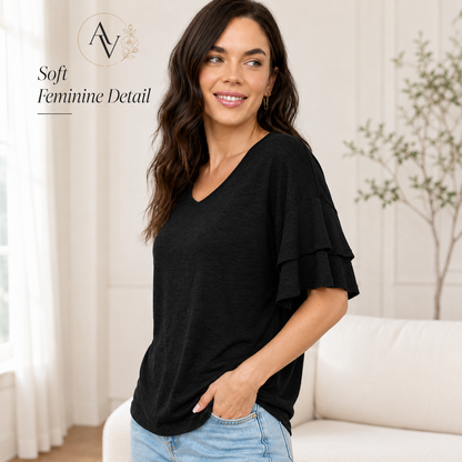 Women's V Neck Ruffle Sleeve Top, Loose Fit Half Sleeve Blouse, Soft Casual T-Shirt for Summer Daily Wear