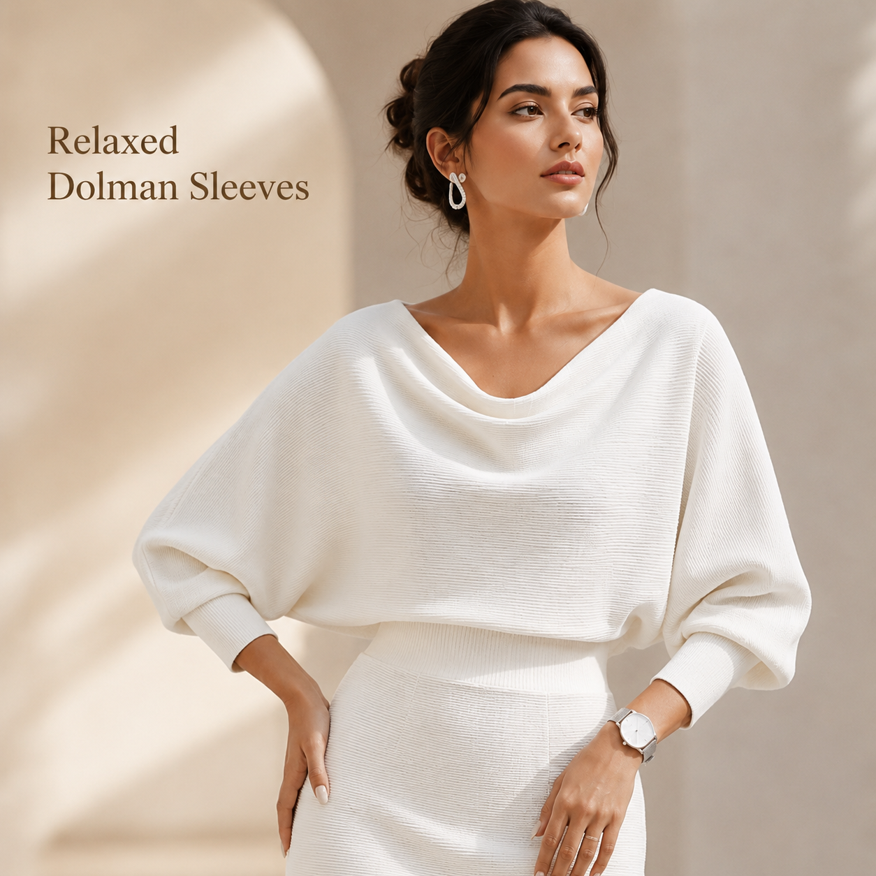 Women’s Cowl Neck Ribbed Knit Bodycon Midi Dress, Cotton Stretch Dolman Sleeve Sweater Dress for Work, Date Night & Fall Outfits