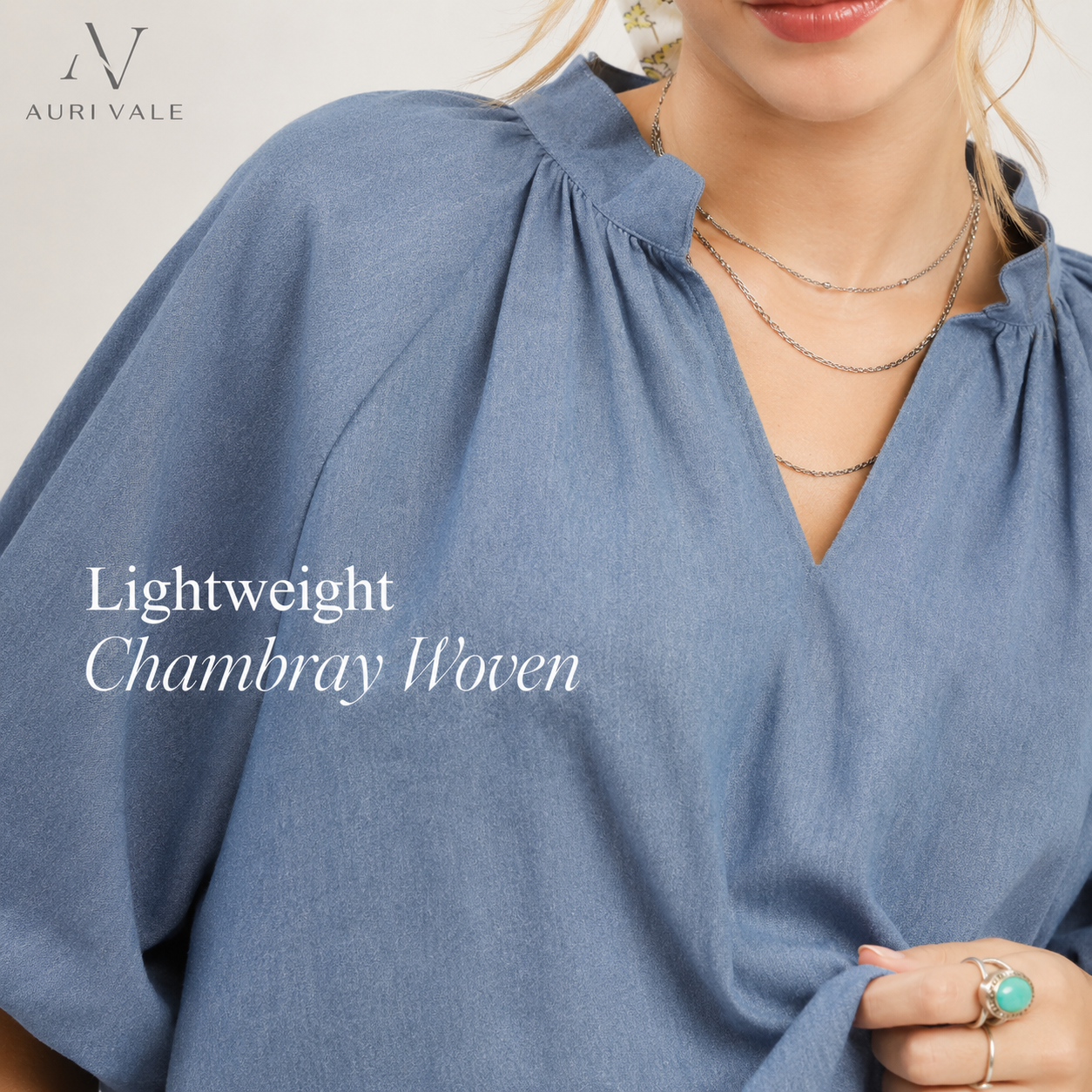 Women’s Chambray Puff Sleeve Top, Scallop Hem Split V-Neck Blouse, Lightweight Cotton Blend Oversized Casual Summer Shirt