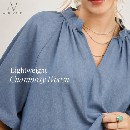 Women’s Chambray Puff Sleeve Top, Scallop Hem Split V-Neck Blouse, Lightweight Cotton Blend Oversized Casual Summer Shirt
