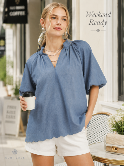 Women’s Chambray Puff Sleeve Top, Scallop Hem Split V-Neck Blouse, Lightweight Cotton Blend Oversized Casual Summer Shirt