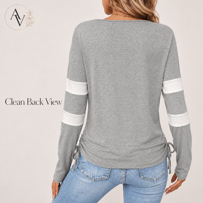 Women’s Cowl Neck Long Sleeve Top, Faux Layered 2 Piece Shirt, Gray Soft Draped Casual Blouse, Fall Winter Tee