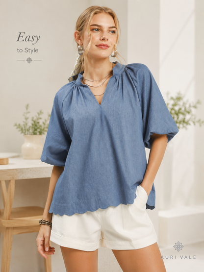 Women’s Chambray Puff Sleeve Top, Scallop Hem Split V-Neck Blouse, Lightweight Cotton Blend Oversized Casual Summer Shirt
