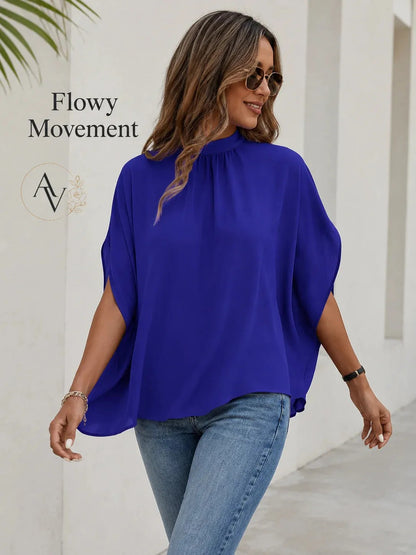Women’s Mock Neck Tie Back Blouse, Split Batwing Half Sleeve Loose Fit Top, Dressy Casual Work Shirt for Office & Weekend