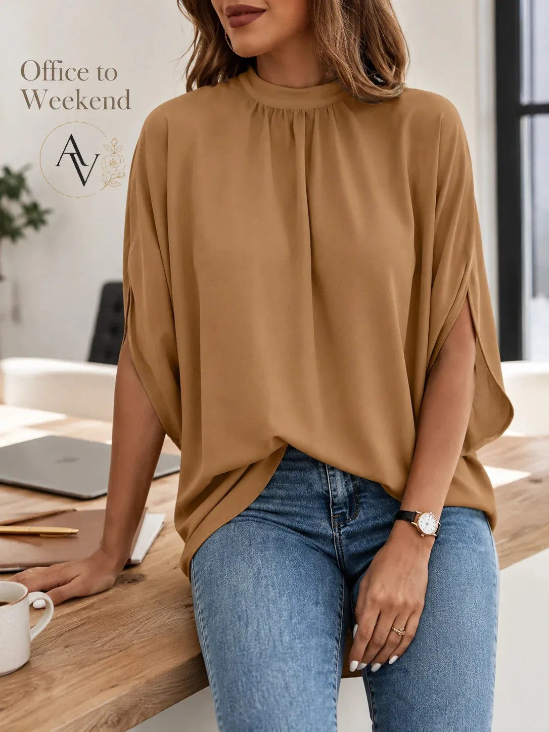 Women’s Mock Neck Tie Back Blouse, Split Batwing Half Sleeve Loose Fit Top, Dressy Casual Work Shirt for Office & Weekend