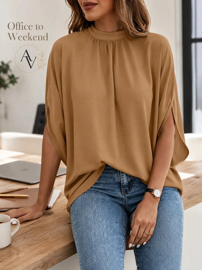 Women’s Mock Neck Tie Back Blouse, Split Batwing Half Sleeve Loose Fit Top, Dressy Casual Work Shirt for Office & Weekend