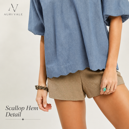 Women’s Chambray Puff Sleeve Top, Scallop Hem Split V-Neck Blouse, Lightweight Cotton Blend Oversized Casual Summer Shirt
