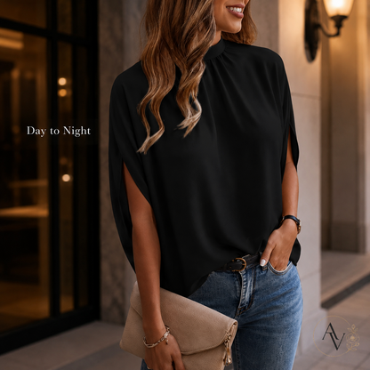 Women’s Mock Neck Tie Back Blouse, Split Batwing Half Sleeve Loose Fit Top, Dressy Casual Work Shirt for Office & Weekend