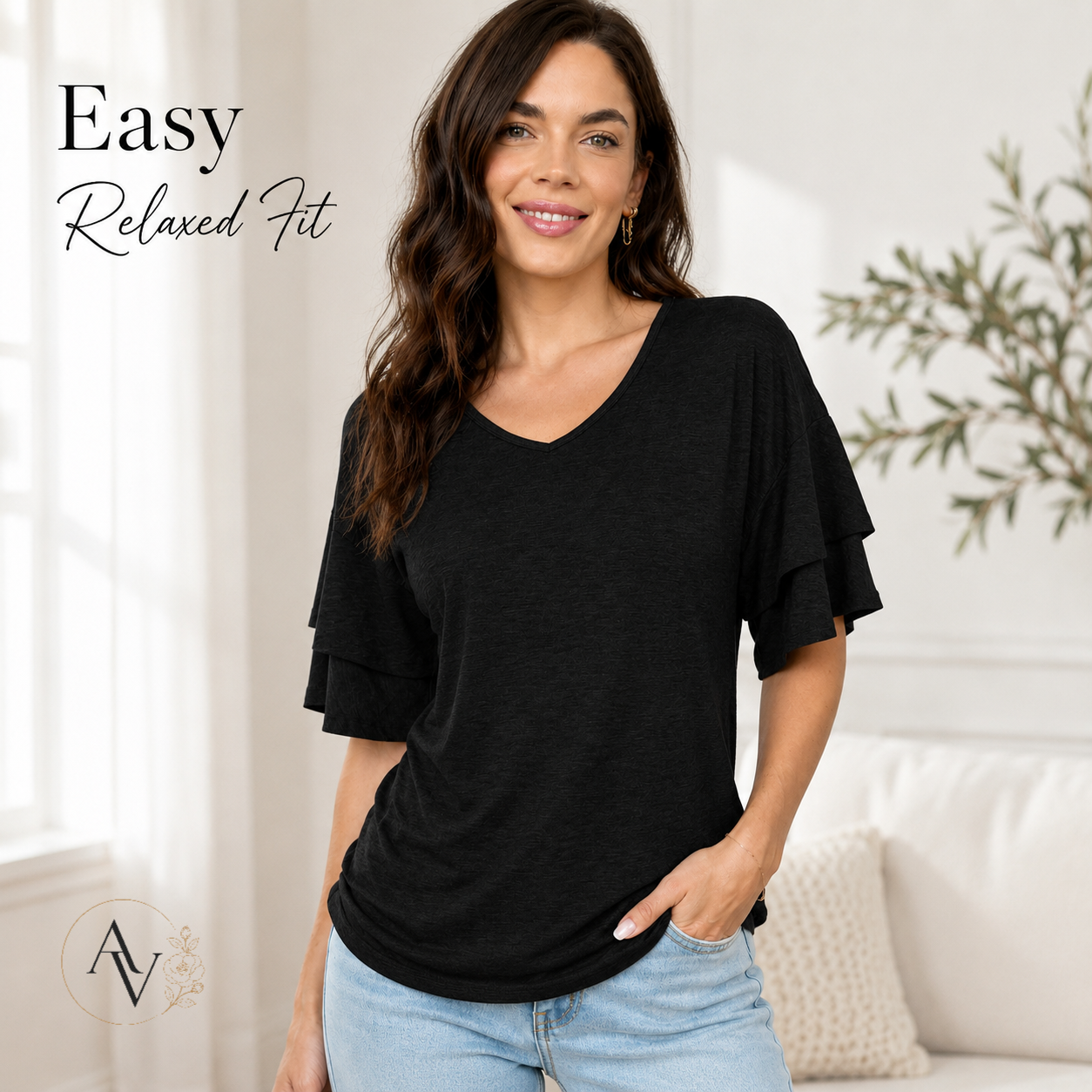 Women's V Neck Ruffle Sleeve Top, Loose Fit Half Sleeve Blouse, Soft Casual T-Shirt for Summer Daily Wear