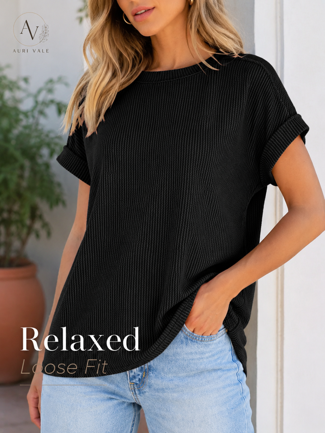 Women’s Textured Short Sleeve Knit Top, Round Neck Exposed Seam Tee, Soft Stretch Loose Fit Casual Summer Shirt for Everyday Outfits