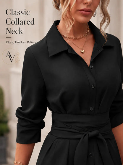 Women’s Belted Button Down Shirt Dress, Collared Long Sleeve Midi Dress, Slim Waist Work Office Casual Dress