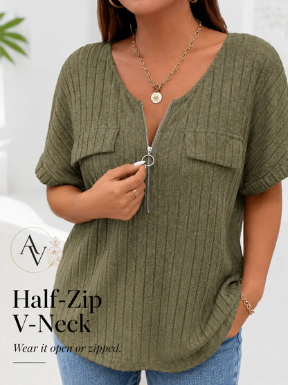 Plus Size Half Zip Ribbed Short Sleeve Top for Women, Casual Loose Fit V Neck Pullover T-Shirt with Pocket Flap, Summer Daily Blouse