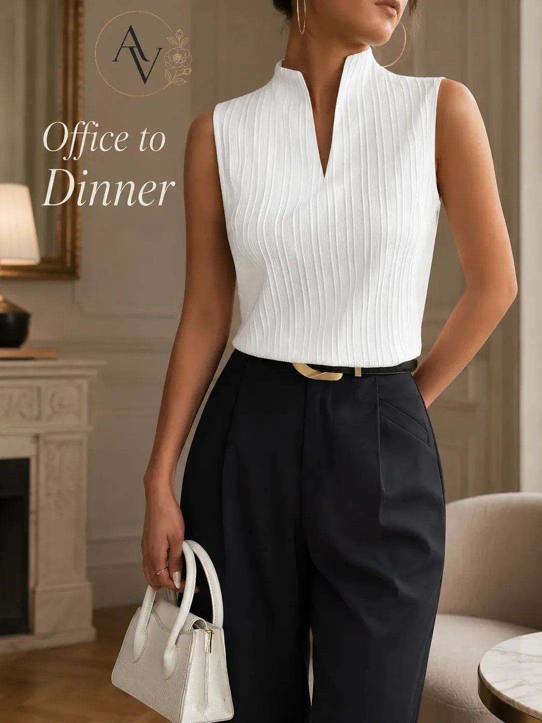 Women’s Ribbed Knit Notch Neck Sleeveless Top, Slim Fit Stretch Tank, Dressy Casual Office Blouse