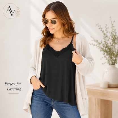 Women’s Lace Trim V-Neck Cami Top, Full Size S-3XL, Soft Stretch Rayon Blend Sleeveless Tank, Opaque Flowy Summer Layering Top