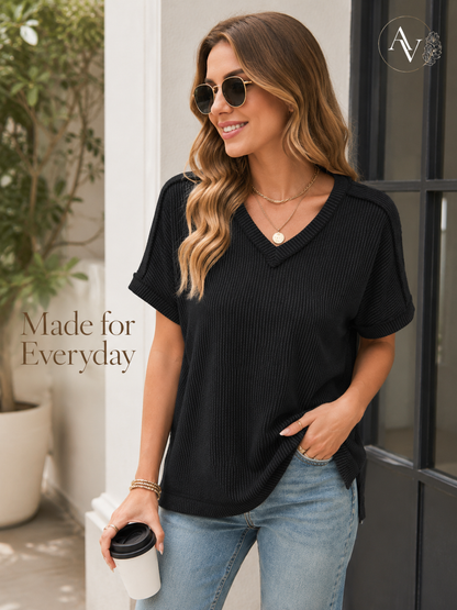 Women’s Corded Rib V-Neck Short Sleeve Top, Soft Stretch Exposed Seam Loose Fit T-Shirt, Casual Summer Tee for Everyday Outfits