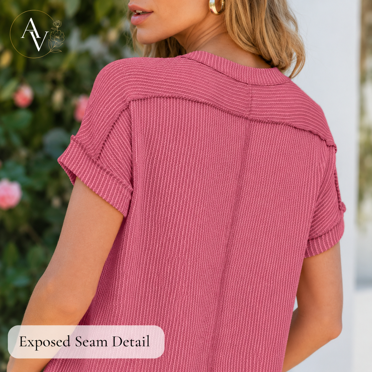 Women’s Textured Short Sleeve Knit Top, Round Neck Exposed Seam Tee, Soft Stretch Loose Fit Casual Summer Shirt for Everyday Outfits