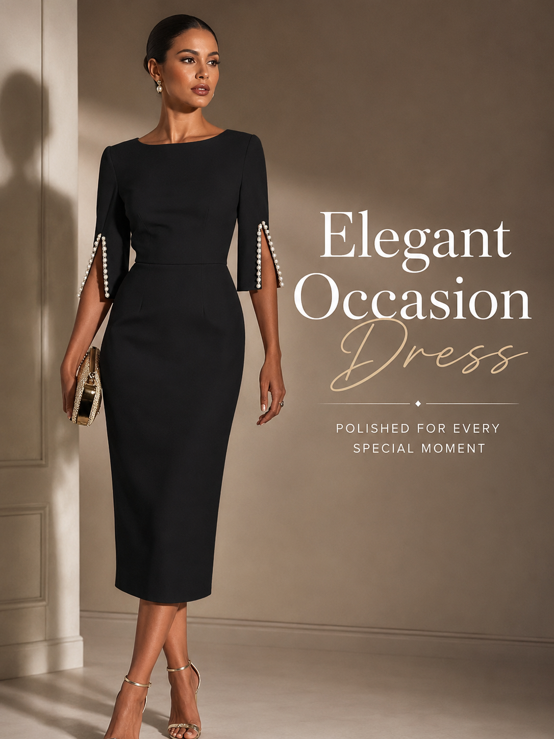 Women’s Elegant Beaded Slit Sleeve Midi Dress, Boat Neck Slim Fit Cocktail Dress, Wedding Guest Party Evening Dress