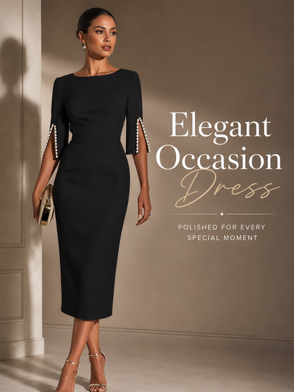 Women’s Elegant Beaded Slit Sleeve Midi Dress, Boat Neck Slim Fit Cocktail Dress, Wedding Guest Party Evening Dress