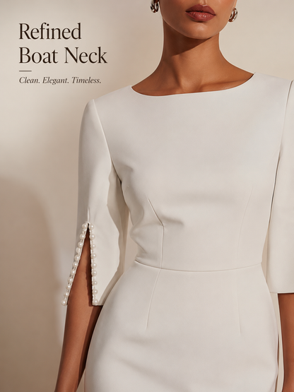 Women’s Elegant Beaded Slit Sleeve Midi Dress, Boat Neck Slim Fit Cocktail Dress, Wedding Guest Party Evening Dress