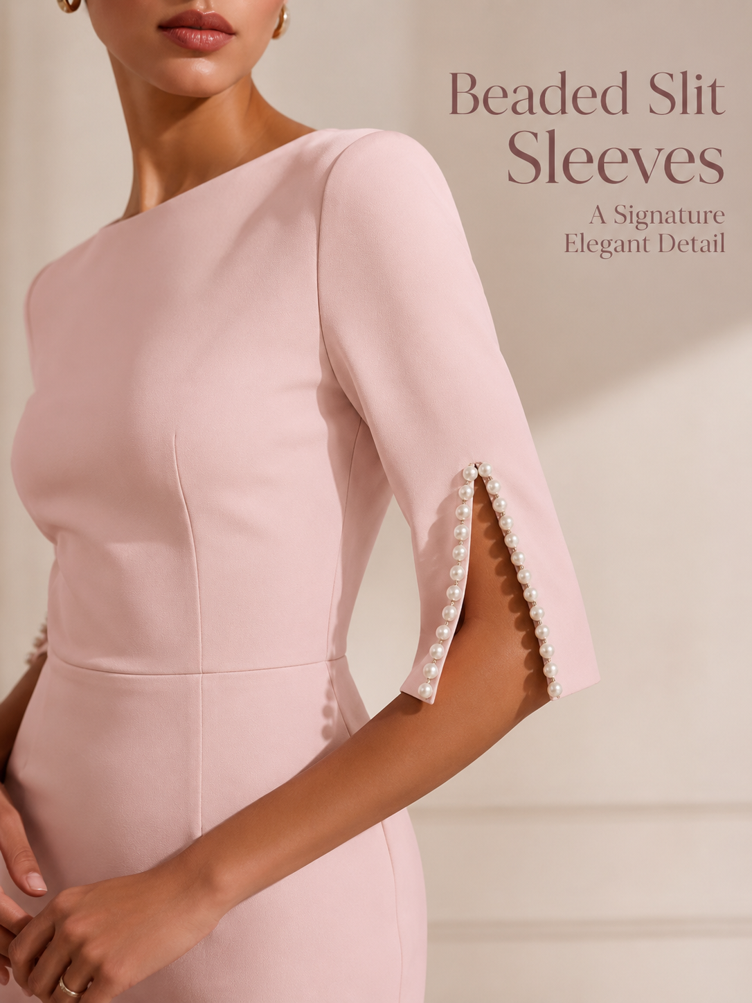Women’s Elegant Beaded Slit Sleeve Midi Dress, Boat Neck Slim Fit Cocktail Dress, Wedding Guest Party Evening Dress