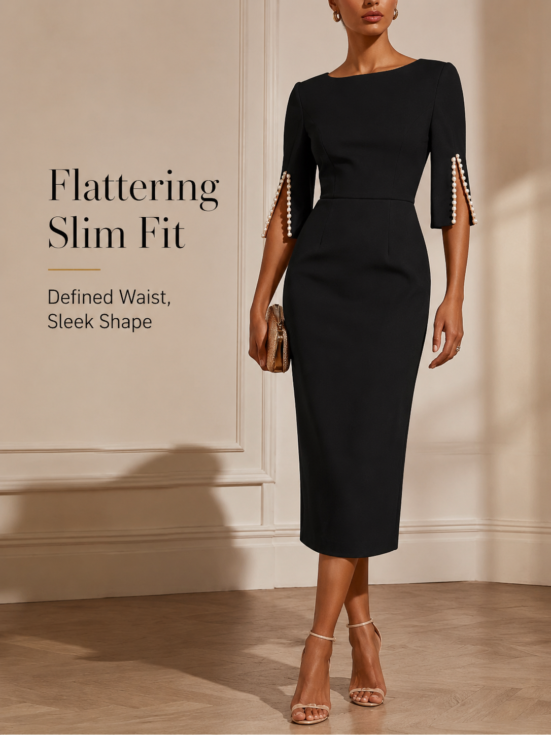 Women’s Elegant Beaded Slit Sleeve Midi Dress, Boat Neck Slim Fit Cocktail Dress, Wedding Guest Party Evening Dress