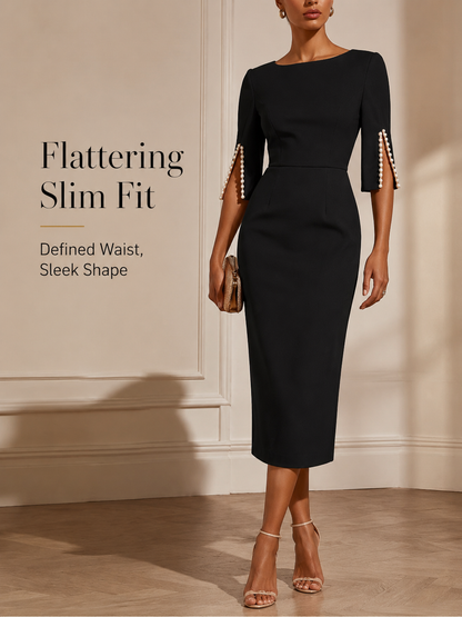 Women’s Elegant Beaded Slit Sleeve Midi Dress, Boat Neck Slim Fit Cocktail Dress, Wedding Guest Party Evening Dress