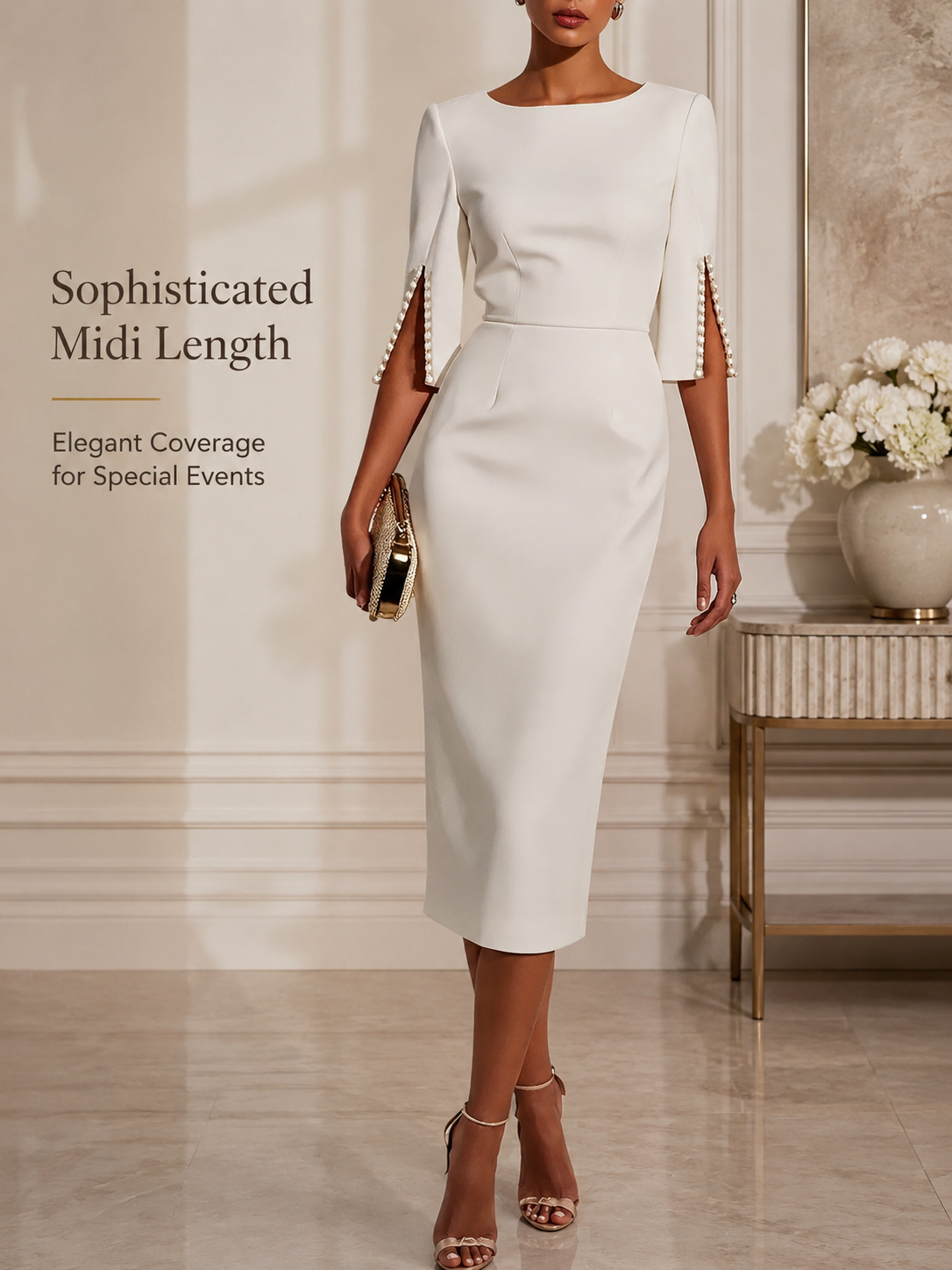 Women’s Elegant Beaded Slit Sleeve Midi Dress, Boat Neck Slim Fit Cocktail Dress, Wedding Guest Party Evening Dress