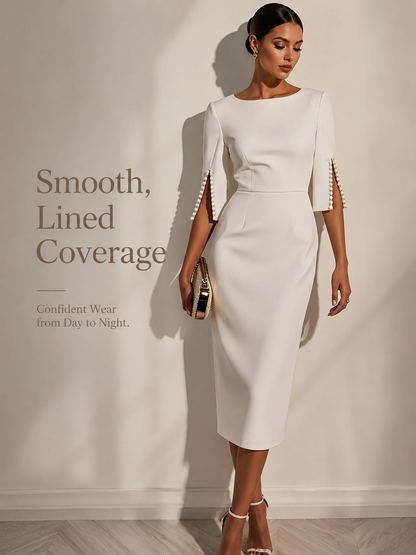 Women’s Elegant Beaded Slit Sleeve Midi Dress, Boat Neck Slim Fit Cocktail Dress, Wedding Guest Party Evening Dress
