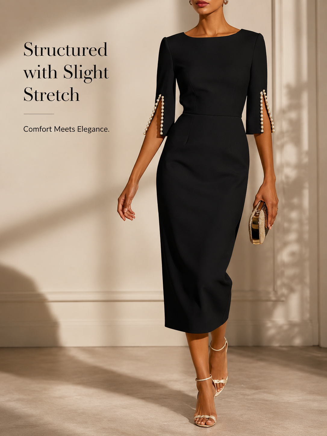 Women’s Elegant Beaded Slit Sleeve Midi Dress, Boat Neck Slim Fit Cocktail Dress, Wedding Guest Party Evening Dress
