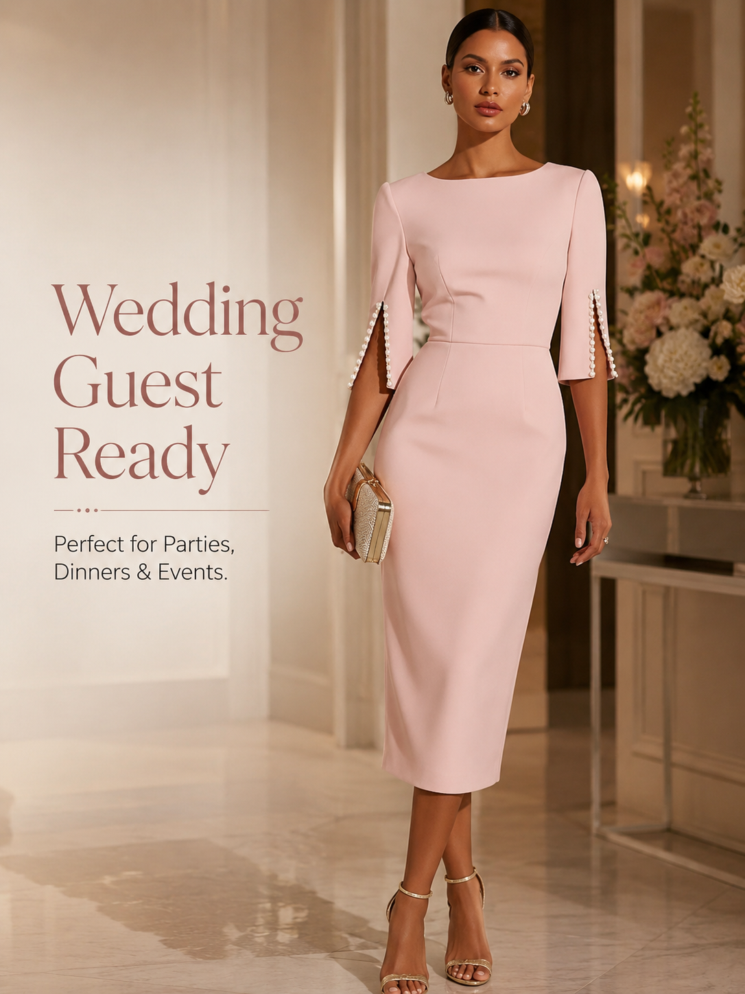 Women’s Elegant Beaded Slit Sleeve Midi Dress, Boat Neck Slim Fit Cocktail Dress, Wedding Guest Party Evening Dress