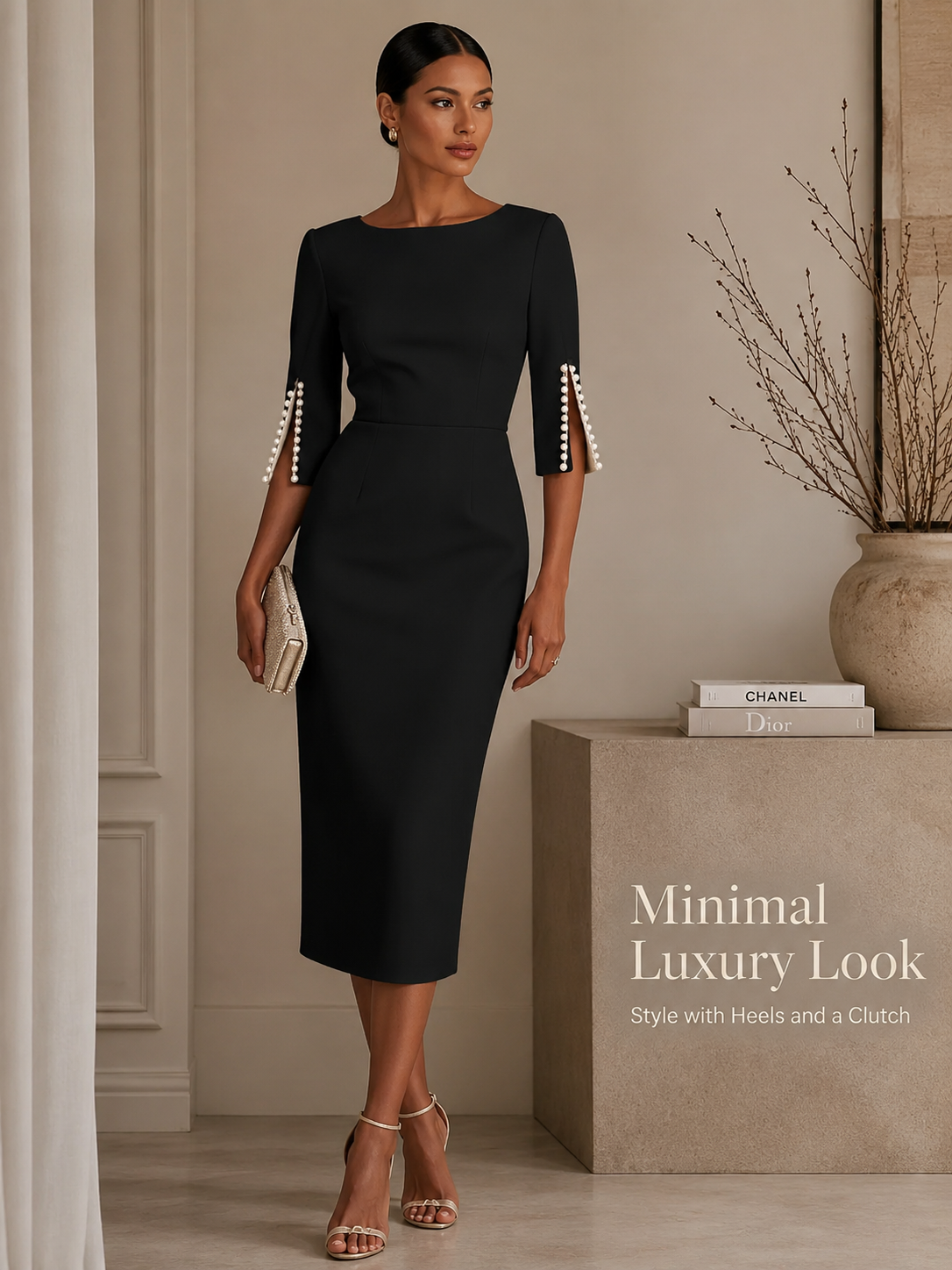 Women’s Elegant Beaded Slit Sleeve Midi Dress, Boat Neck Slim Fit Cocktail Dress, Wedding Guest Party Evening Dress