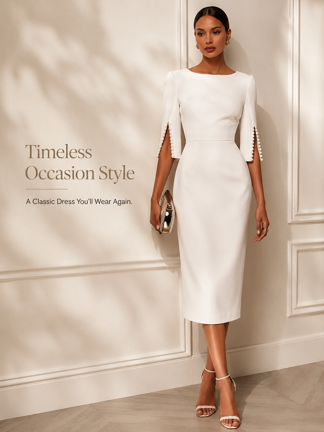 Women’s Elegant Beaded Slit Sleeve Midi Dress, Boat Neck Slim Fit Cocktail Dress, Wedding Guest Party Evening Dress