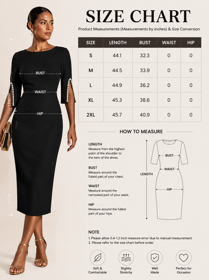 Women’s Elegant Beaded Slit Sleeve Midi Dress, Boat Neck Slim Fit Cocktail Dress, Wedding Guest Party Evening Dress