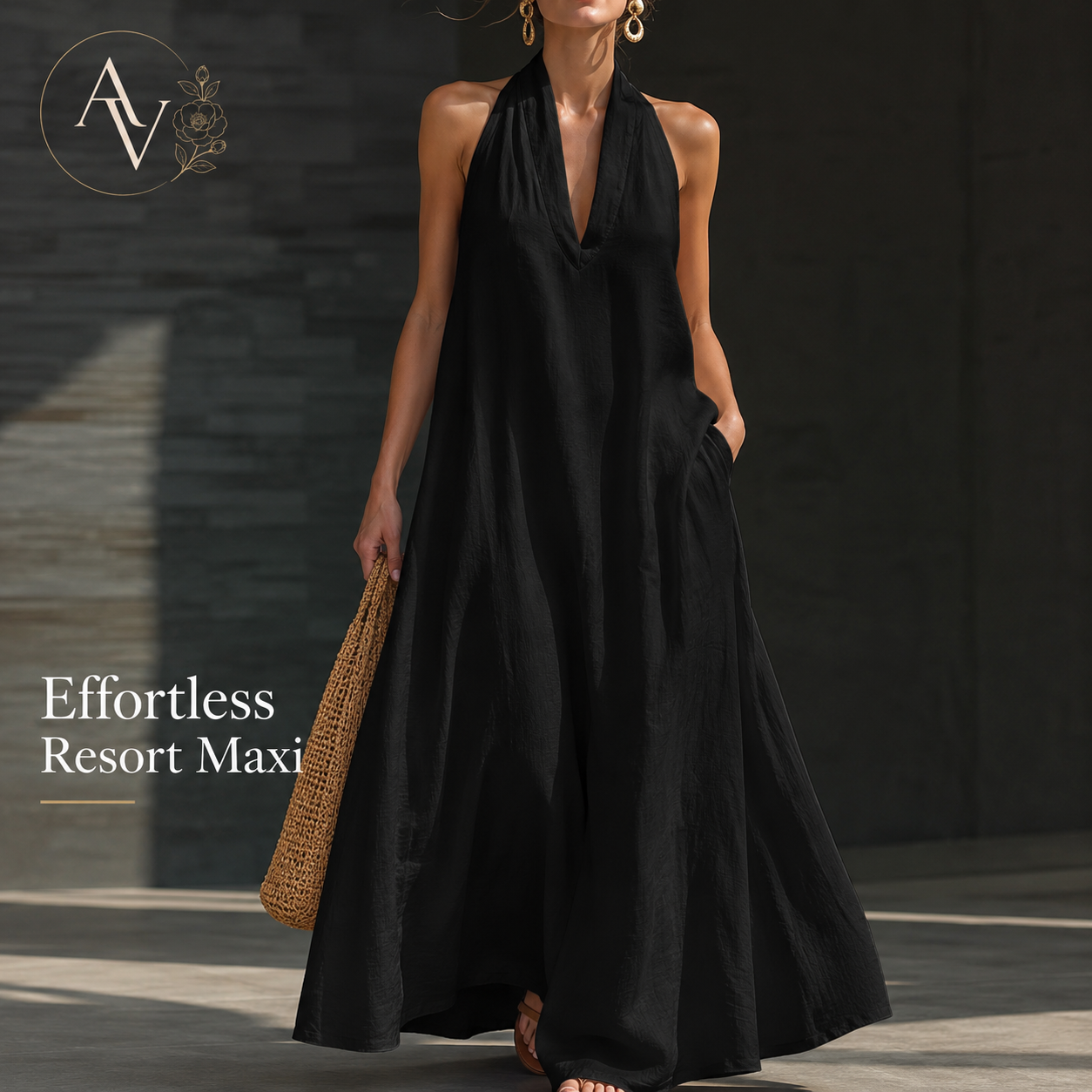 Women’s Halter Neck Maxi Dress with Pockets, Sleeveless Flowy Beach Vacation Dress for Summer