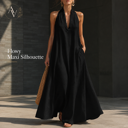 Women’s Halter Neck Maxi Dress with Pockets, Sleeveless Flowy Beach Vacation Dress for Summer
