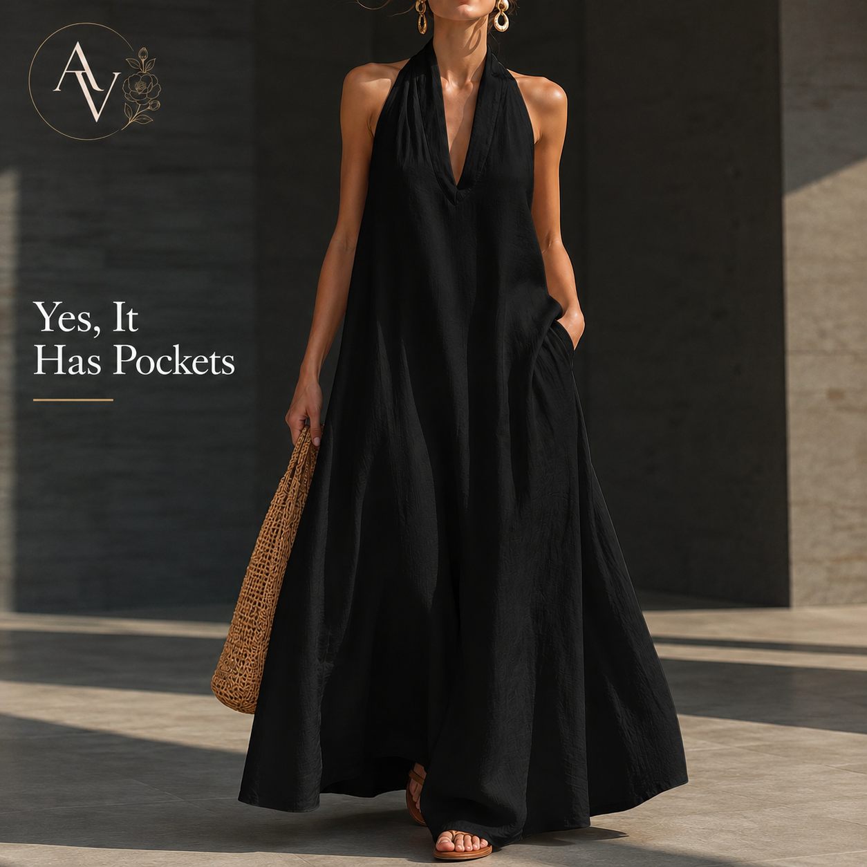 Women’s Halter Neck Maxi Dress with Pockets, Sleeveless Flowy Beach Vacation Dress for Summer