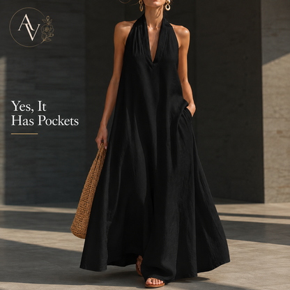 Women’s Halter Neck Maxi Dress with Pockets, Sleeveless Flowy Beach Vacation Dress for Summer