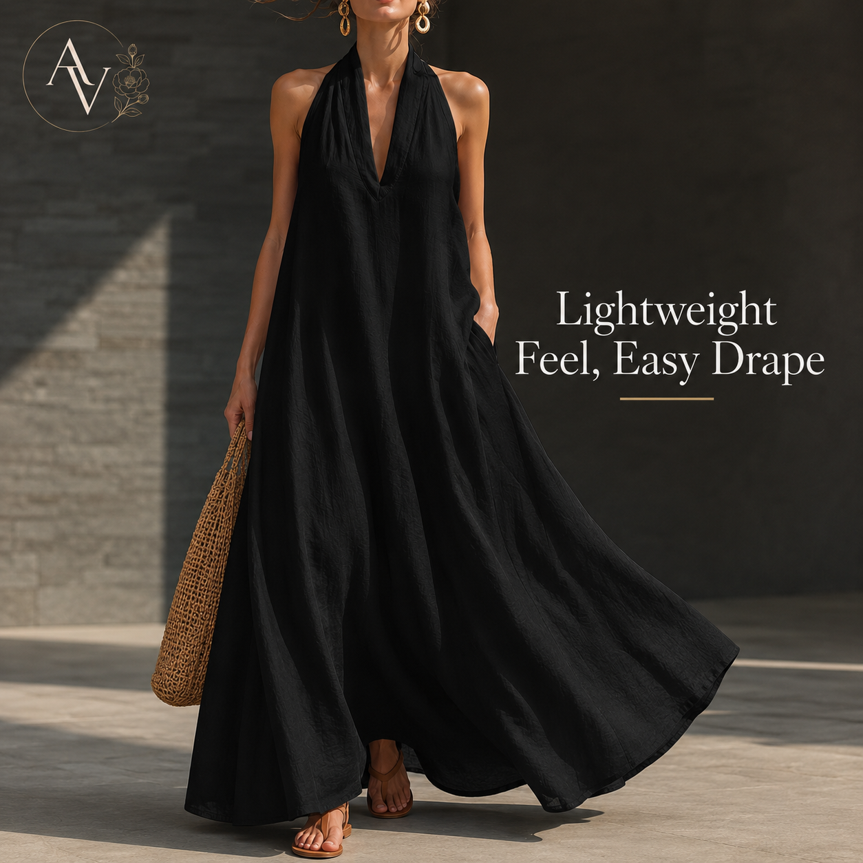 Women’s Halter Neck Maxi Dress with Pockets, Sleeveless Flowy Beach Vacation Dress for Summer