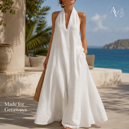 Women’s Halter Neck Maxi Dress with Pockets, Sleeveless Flowy Beach Vacation Dress for Summer