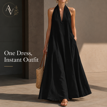 Women’s Halter Neck Maxi Dress with Pockets, Sleeveless Flowy Beach Vacation Dress for Summer
