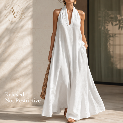 Women’s Halter Neck Maxi Dress with Pockets, Sleeveless Flowy Beach Vacation Dress for Summer
