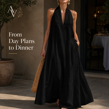 Women’s Halter Neck Maxi Dress with Pockets, Sleeveless Flowy Beach Vacation Dress for Summer