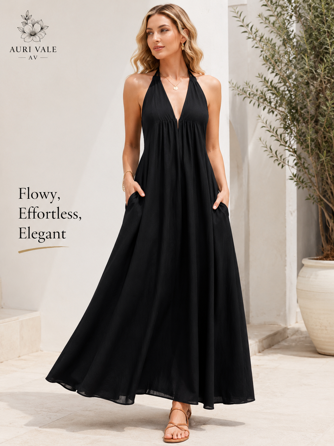 Women’s Halter Neck Maxi Dress with Pockets, Sleeveless Flowy Beach Vacation Dress for Summer